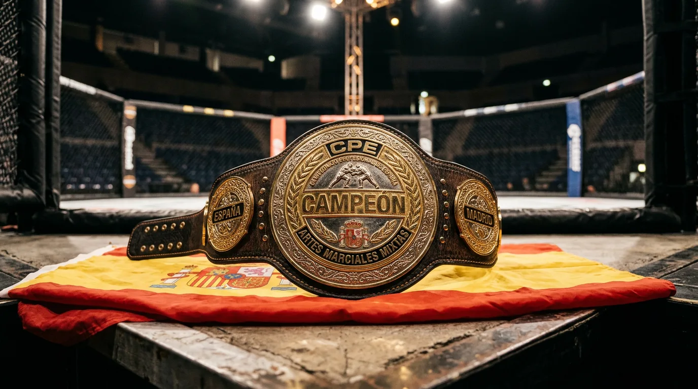Cinturón de campeón UFC sobre una bandera de España con octágono iluminado al fondo