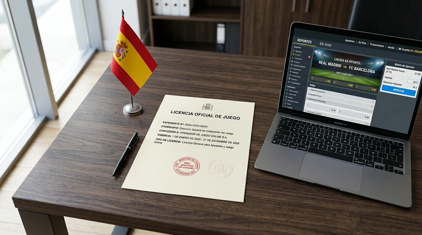 Documento oficial de licencia DGOJ sobre un escritorio con bandera de España al fondo