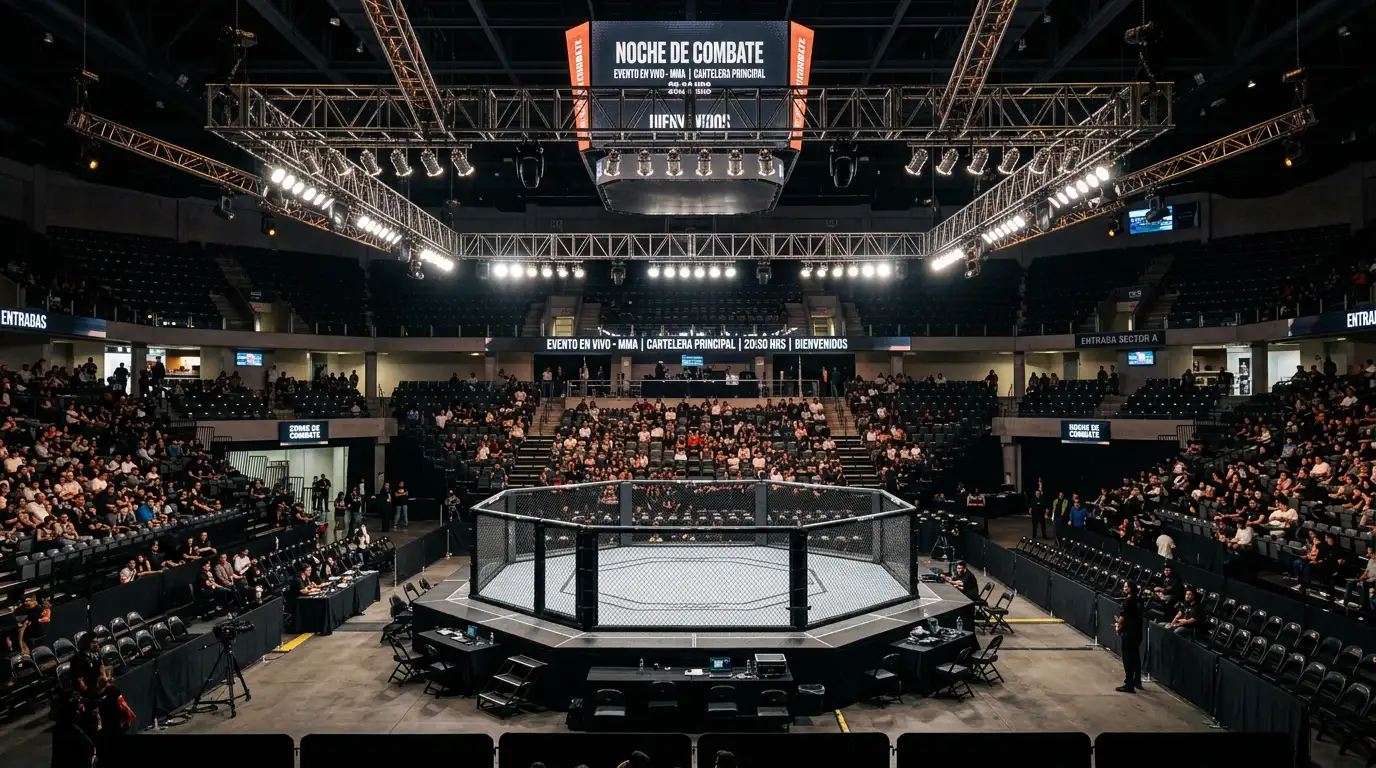 Octágono UFC preparado para un evento Fight Night con gradas medio vacías y luces de arena