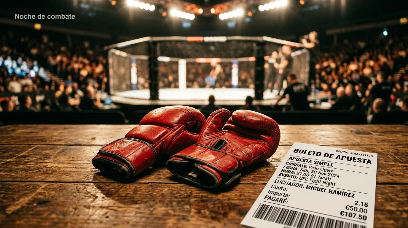 Guantes de MMA junto a un boleto de apuesta deportiva sobre una mesa con fondo de octágono UFC
