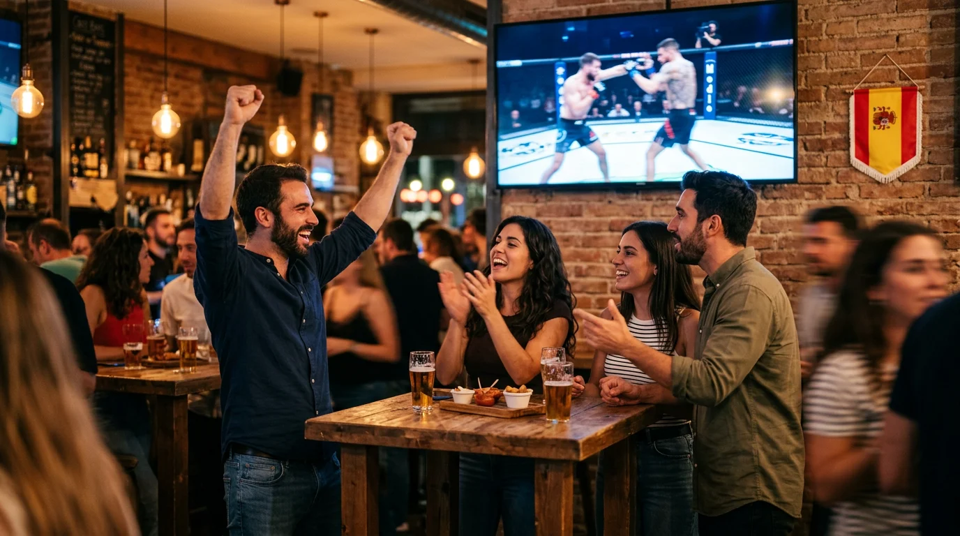 Aficionados españoles viendo un combate de UFC en una pantalla grande con ambiente de expectación