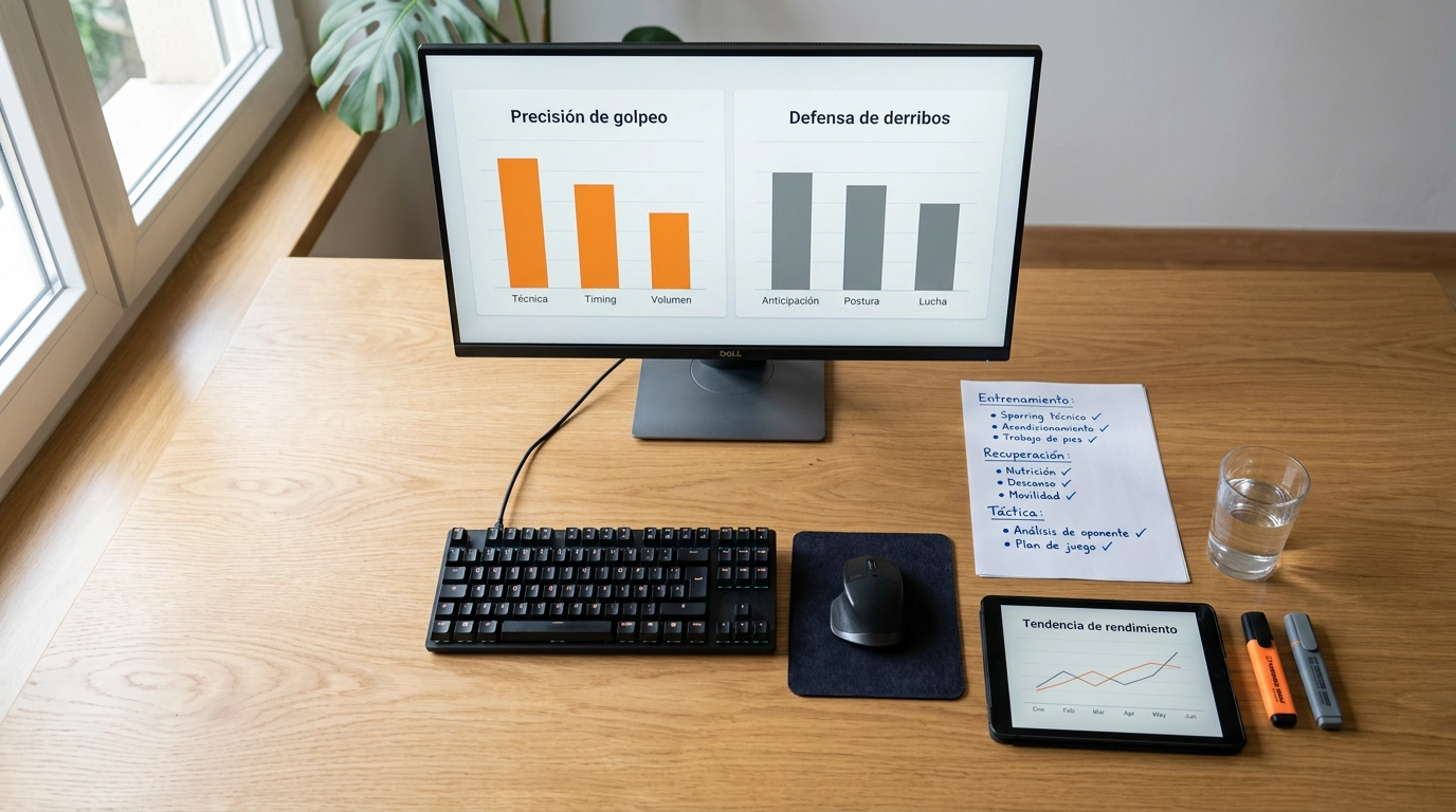 Analista revisando estadísticas de peleadores UFC en un monitor con gráficos de rendimiento