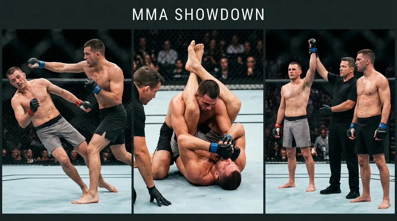 Secuencia de tres imágenes de un octágono UFC mostrando un KO, una sumisión y una decisión arbitral