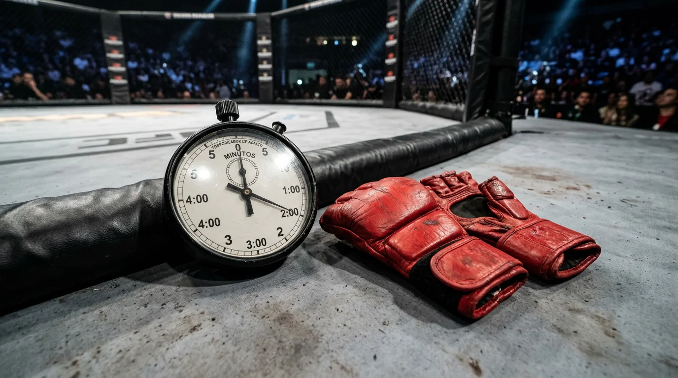 Reloj de asaltos junto a guantes de MMA en el borde de un octágono UF