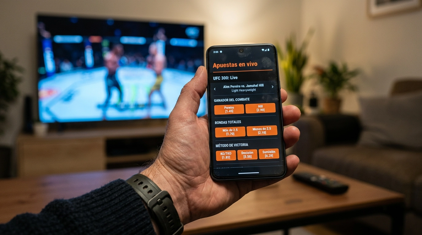 Vista cercana de una pantalla con diferentes mercados de apuestas en un combate UFC