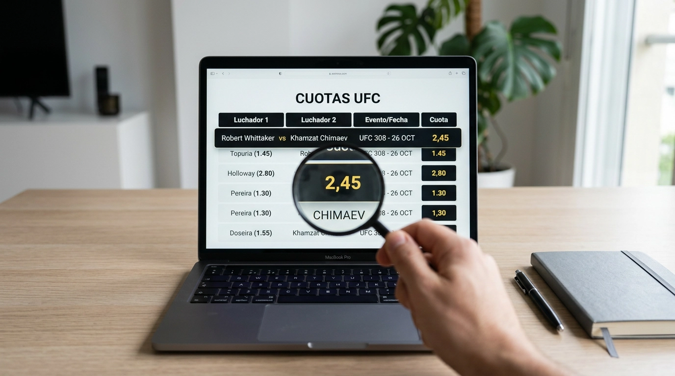 Pantalla de cuotas UFC con una lupa destacando una línea de apuesta con valor